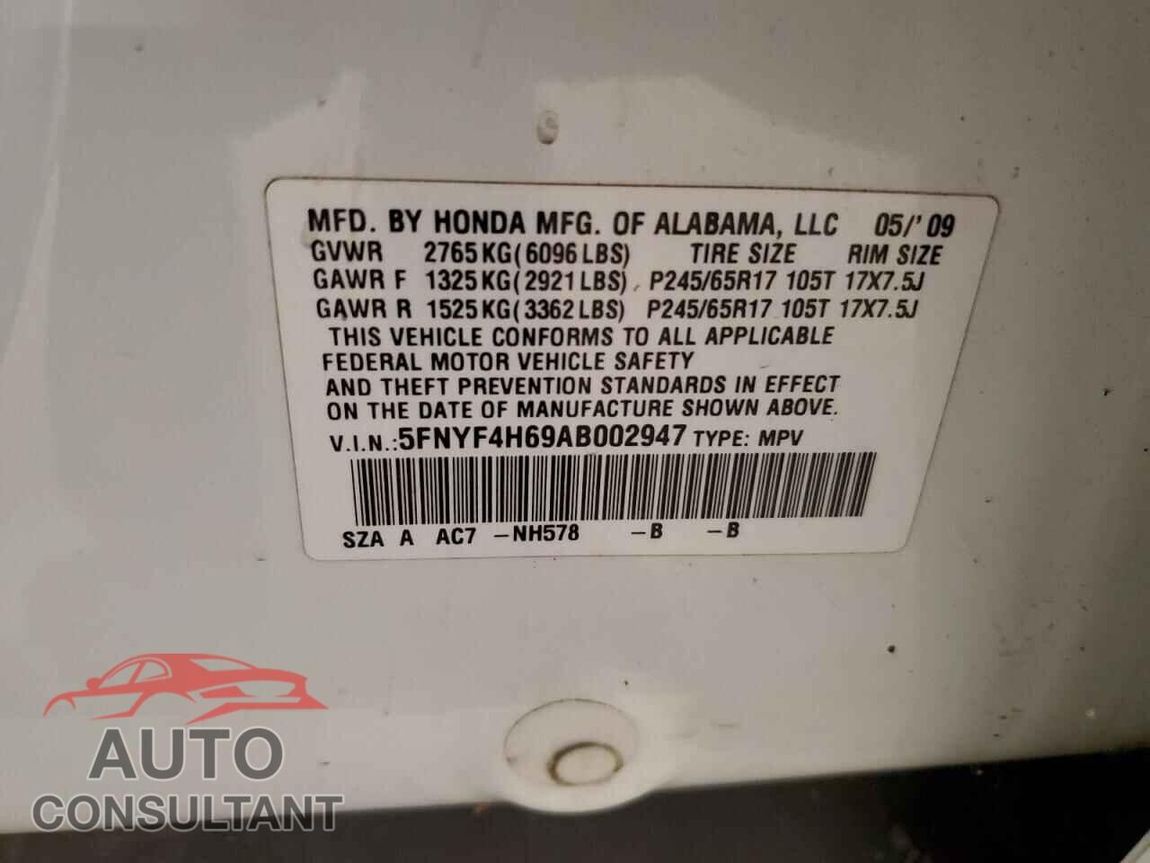 HONDA PILOT 2010 - 5FNYF4H69AB002947
