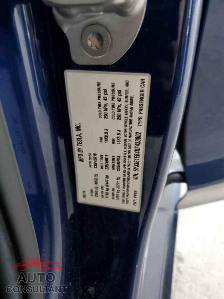 TESLA MODEL 3 2019 - 5YJ3E1EB4KF433002