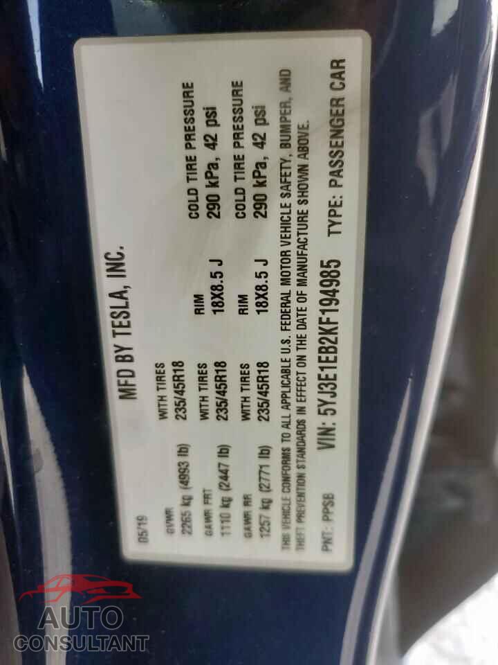 TESLA MODEL 3 2019 - 5YJ3E1EB2KF194985
