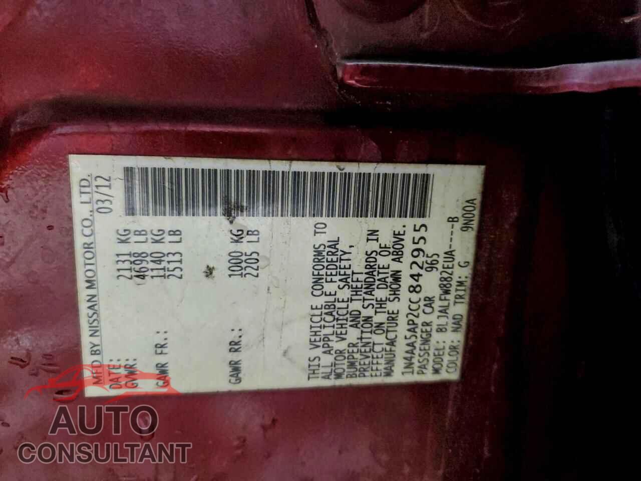 NISSAN MAXIMA 2012 - 1N4AA5AP2CC842955