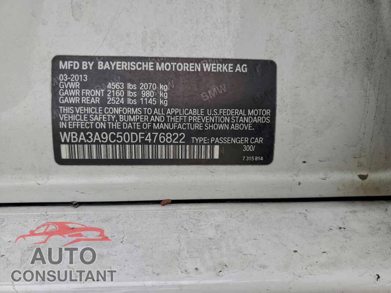 BMW 3 SERIES 2013 - WBA3A9C50DF476822
