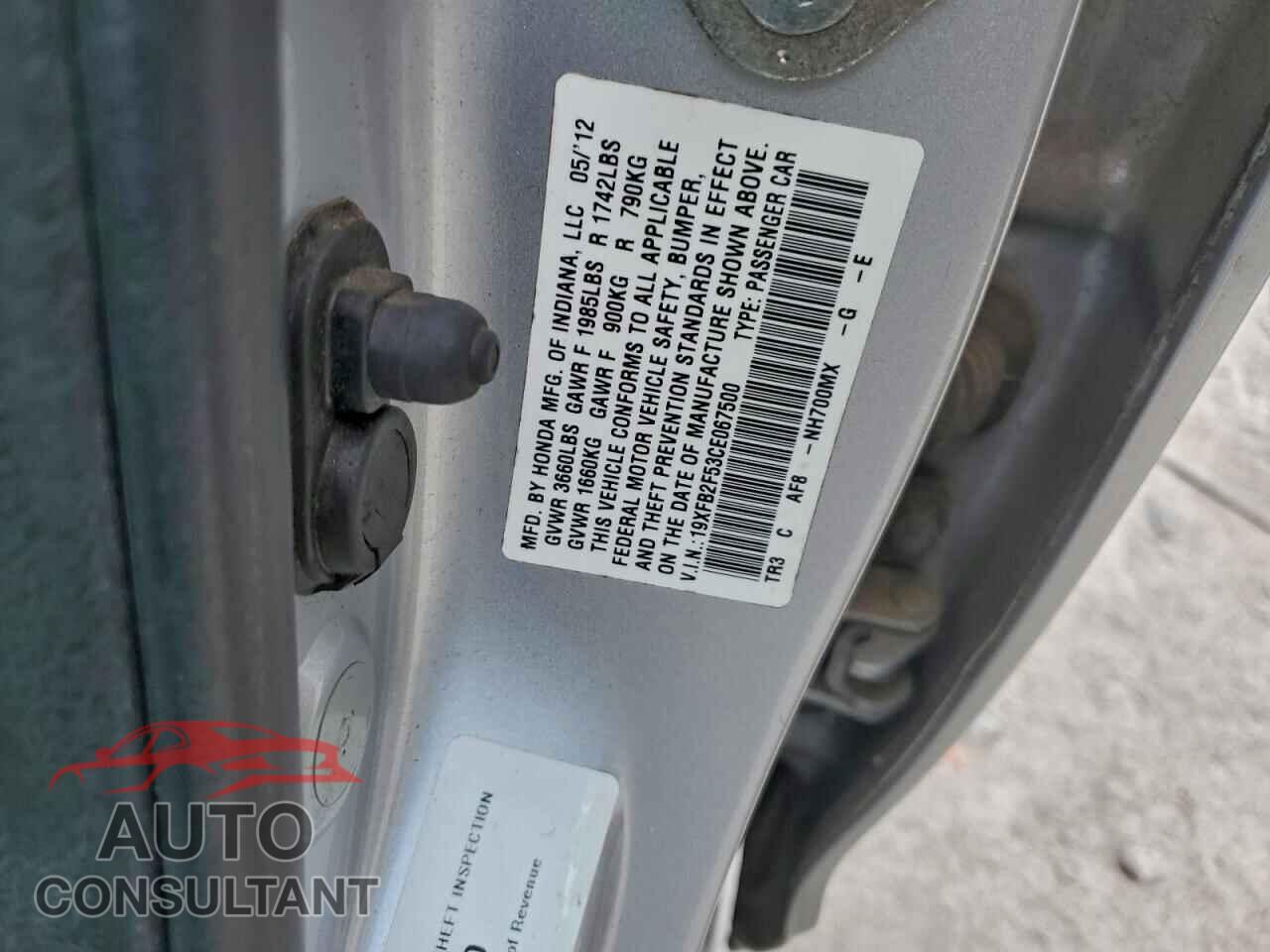 HONDA CIVIC 2012 - 19XFB2F53CE067500