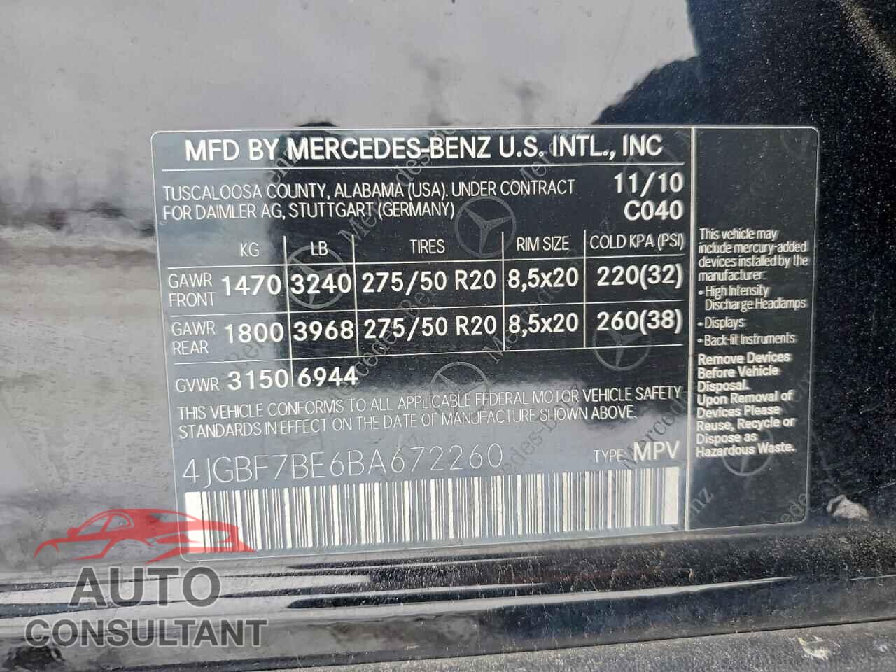 MERCEDES-BENZ GL-CLASS 2011 - 4JGBF7BE6BA672260