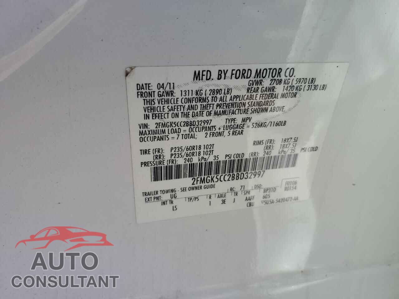 FORD FLEX 2011 - 2FMGK5CC2BBD32997