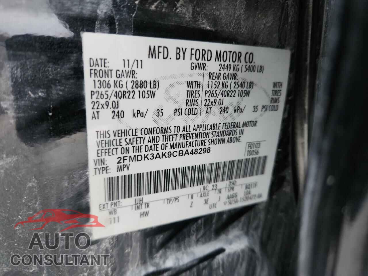 FORD EDGE 2012 - 2FMDK3AK9CBA48298