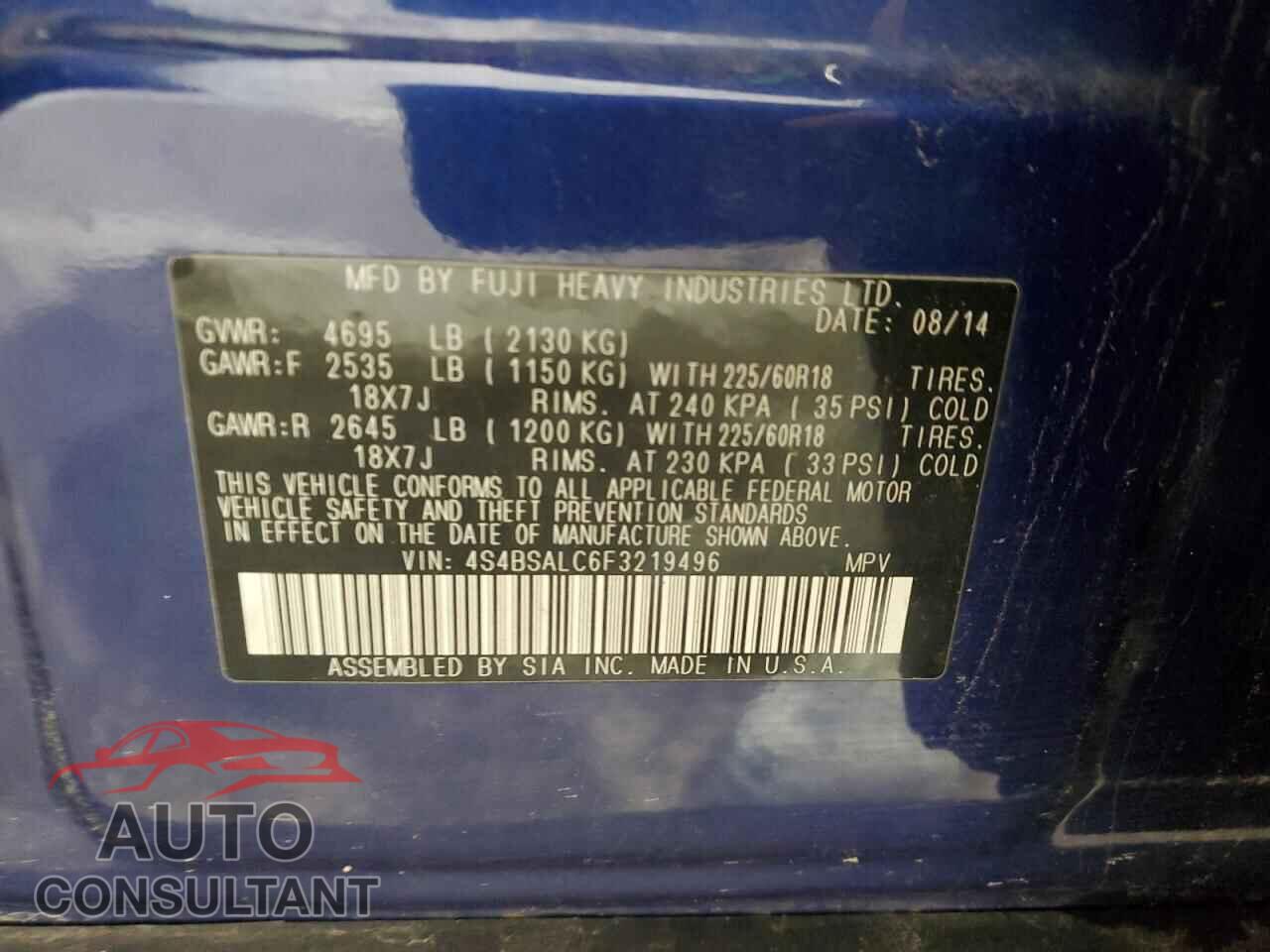 SUBARU OUTBACK 2015 - 4S4BSALC6F3219496