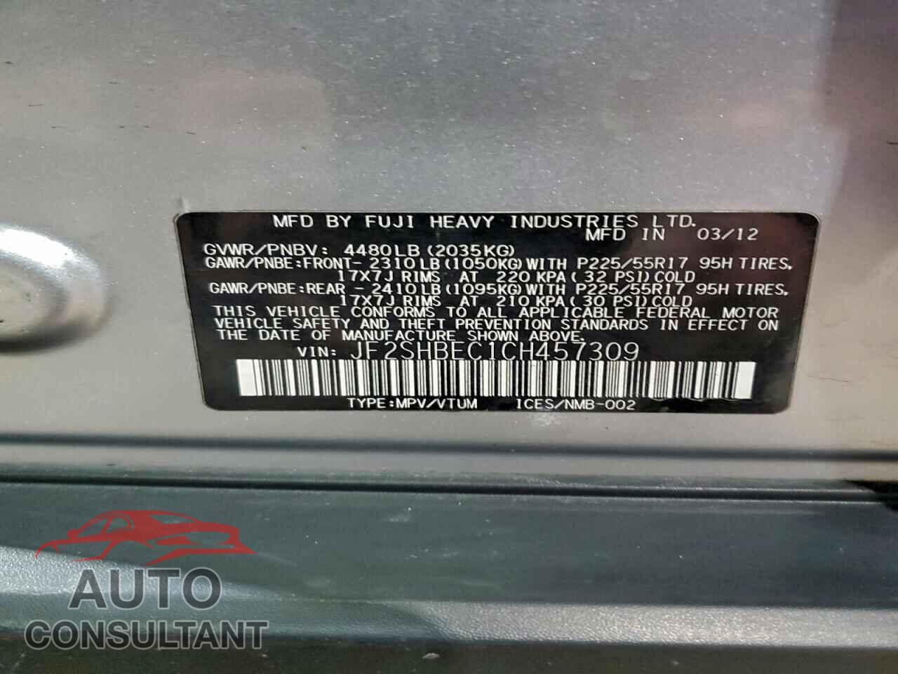 SUBARU FORESTER 2012 - JF2SHBEC1CH457309