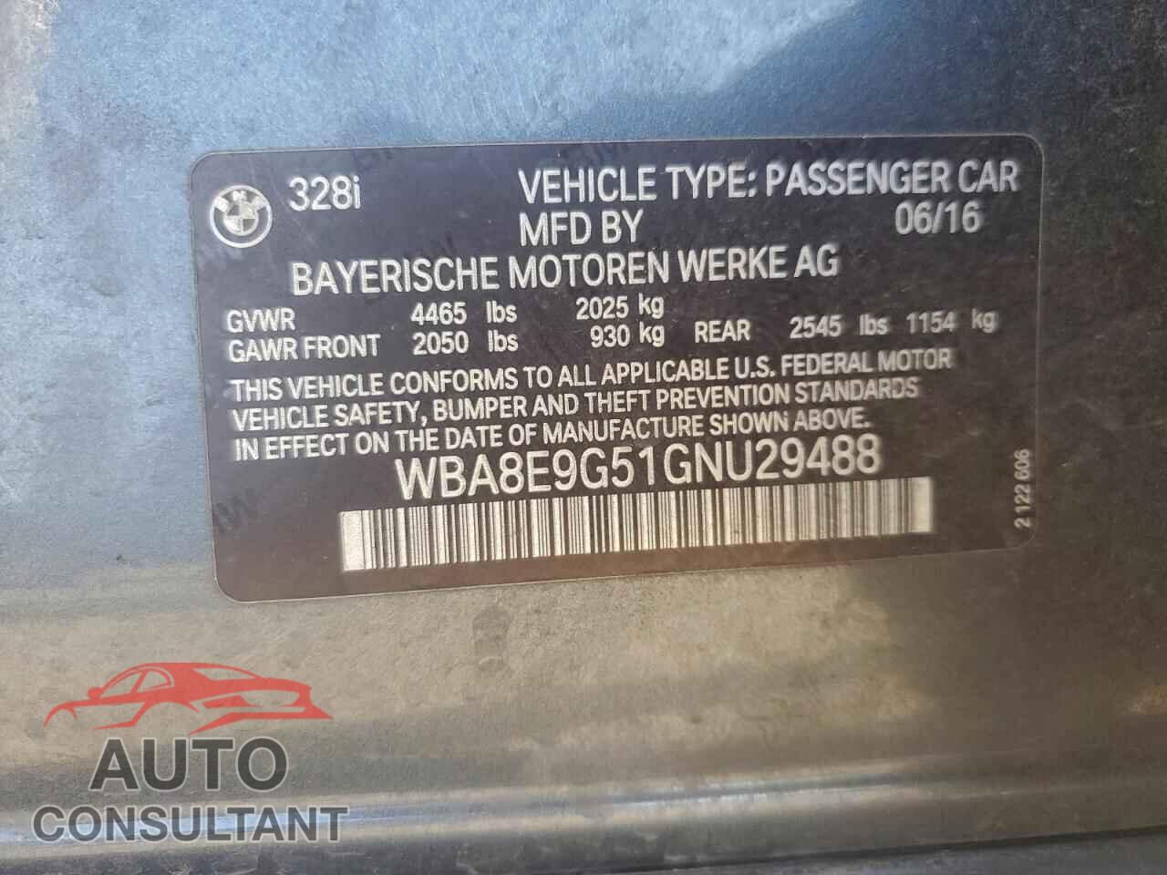 BMW 3 SERIES 2016 - WBA8E9G51GNU29488