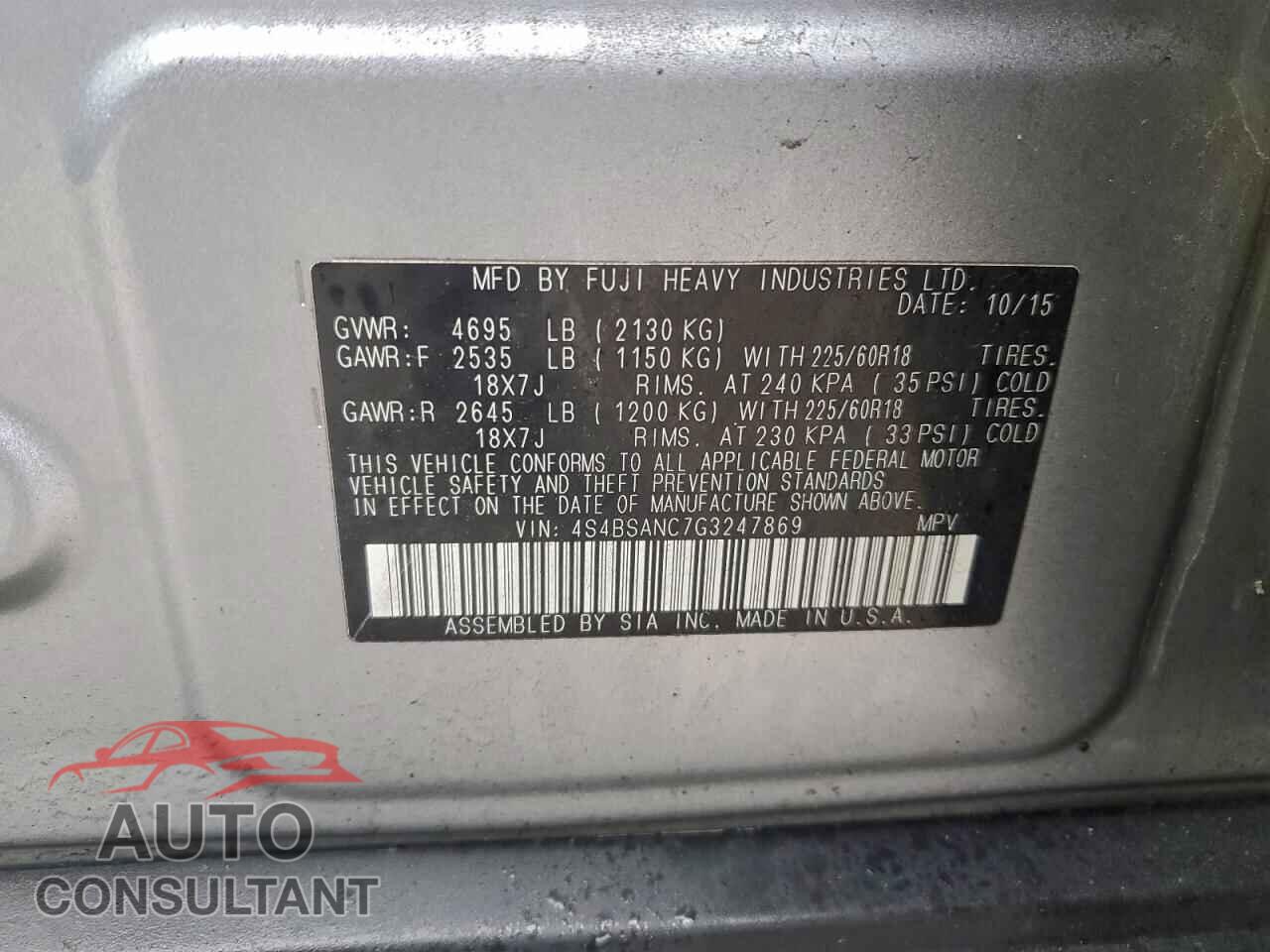 SUBARU OUTBACK 2016 - 4S4BSANC7G3247869