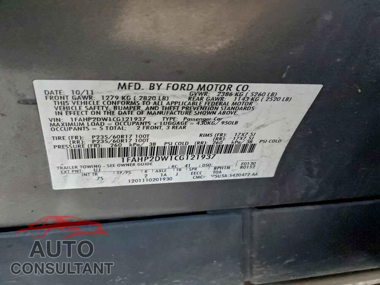 FORD TAURUS 2012 - 1FAHP2DW1CG121937