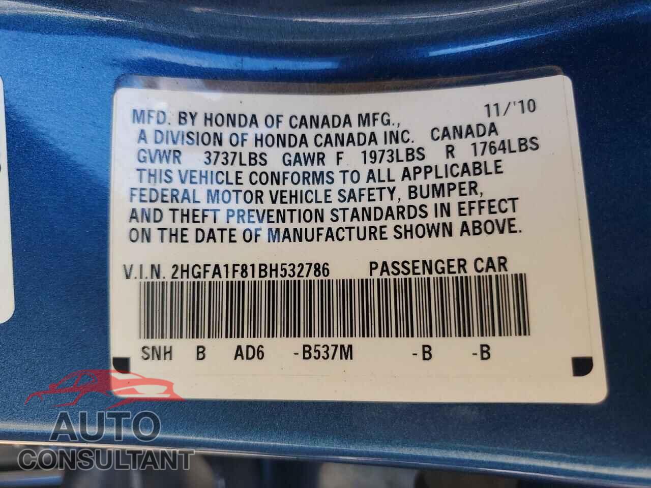 HONDA CIVIC 2011 - 2HGFA1F81BH532786