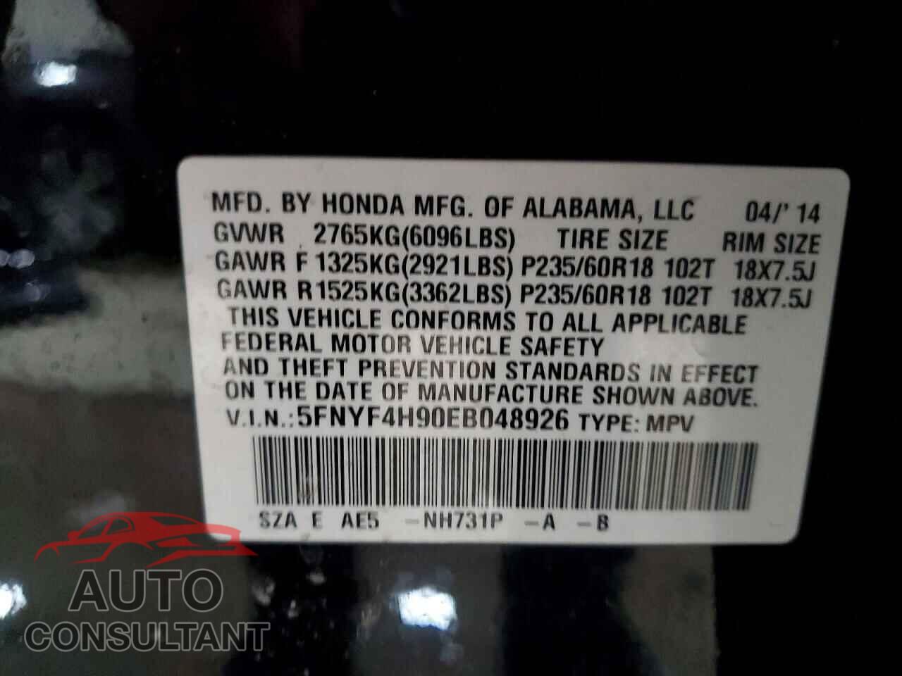 HONDA PILOT 2014 - 5FNYF4H90EB048926