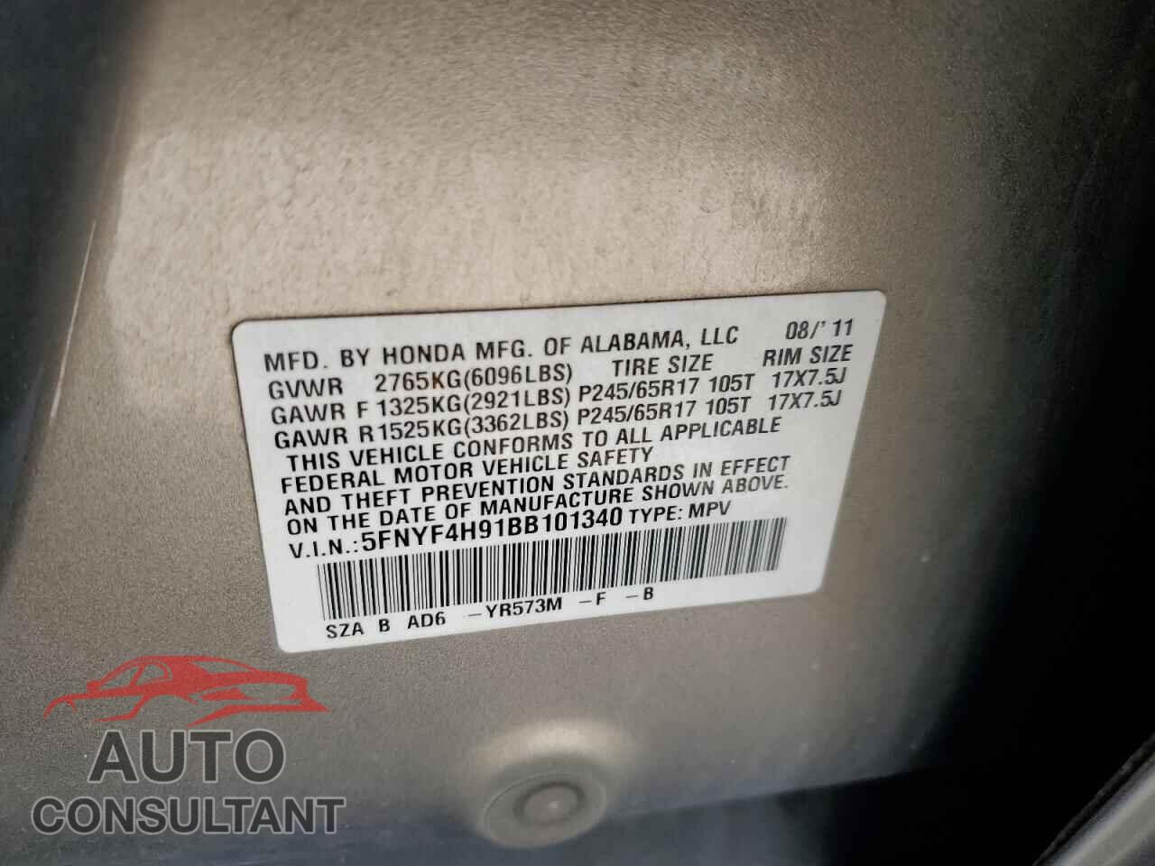HONDA PILOT 2011 - 5FNYF4H91BB101340