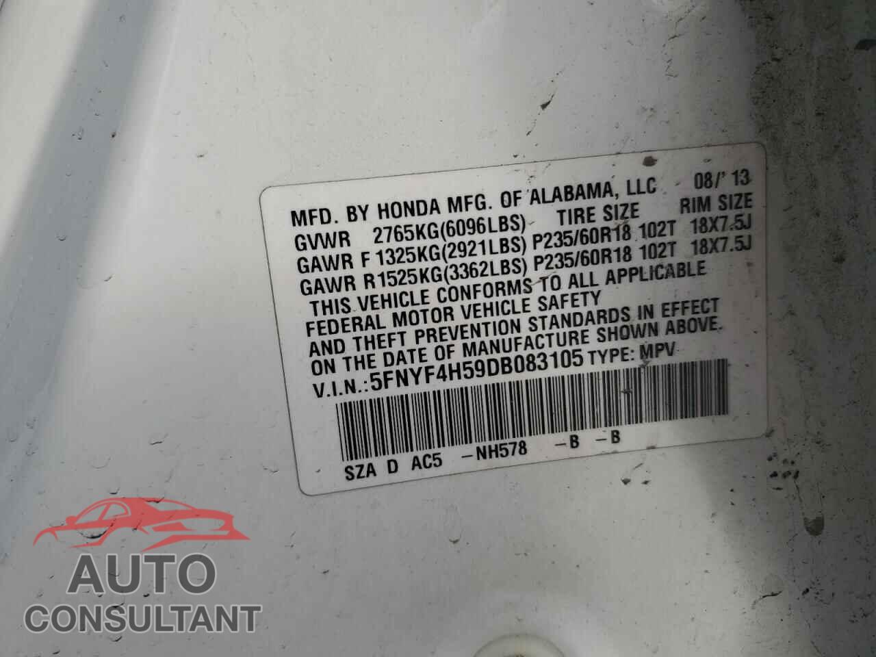 HONDA PILOT 2013 - 5FNYF4H59DB083105