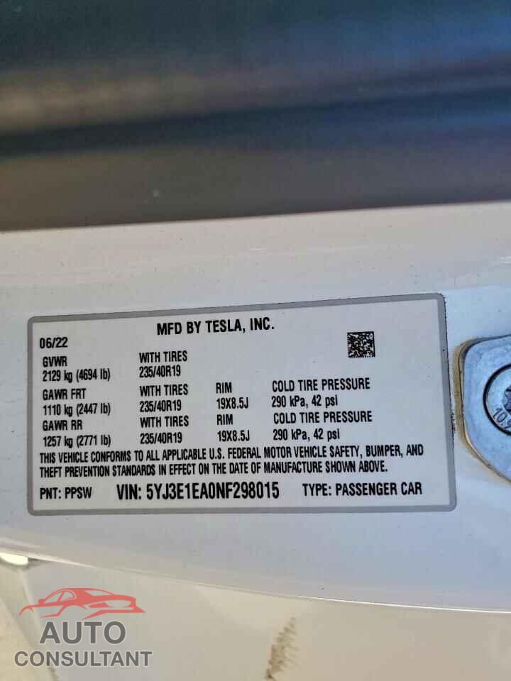 TESLA MODEL 3 2022 - 5YJ3E1EA0NF298015