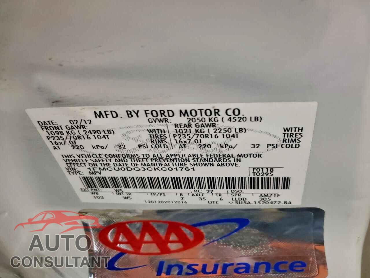FORD ESCAPE 2012 - 1FMCU0DG3CKC01761