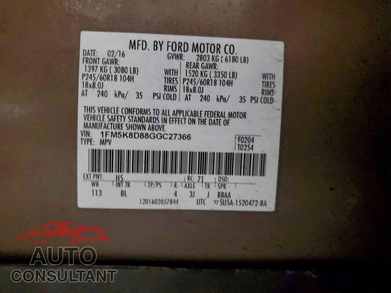 FORD EXPLORER 2016 - 1FM5K8D88GGC27366