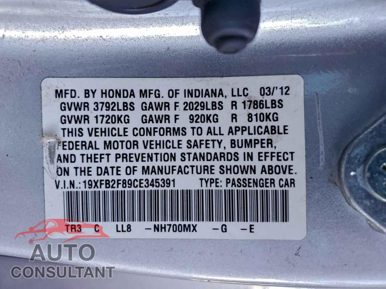 HONDA CIVIC 2012 - 19XFB2F89CE345391