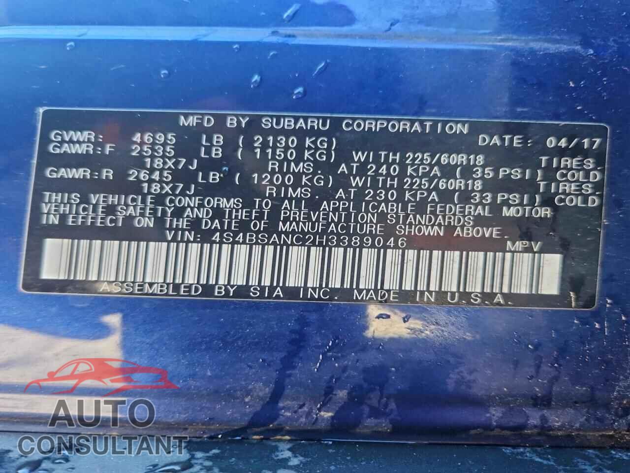 SUBARU OUTBACK 2017 - 4S4BSANC2H3389046