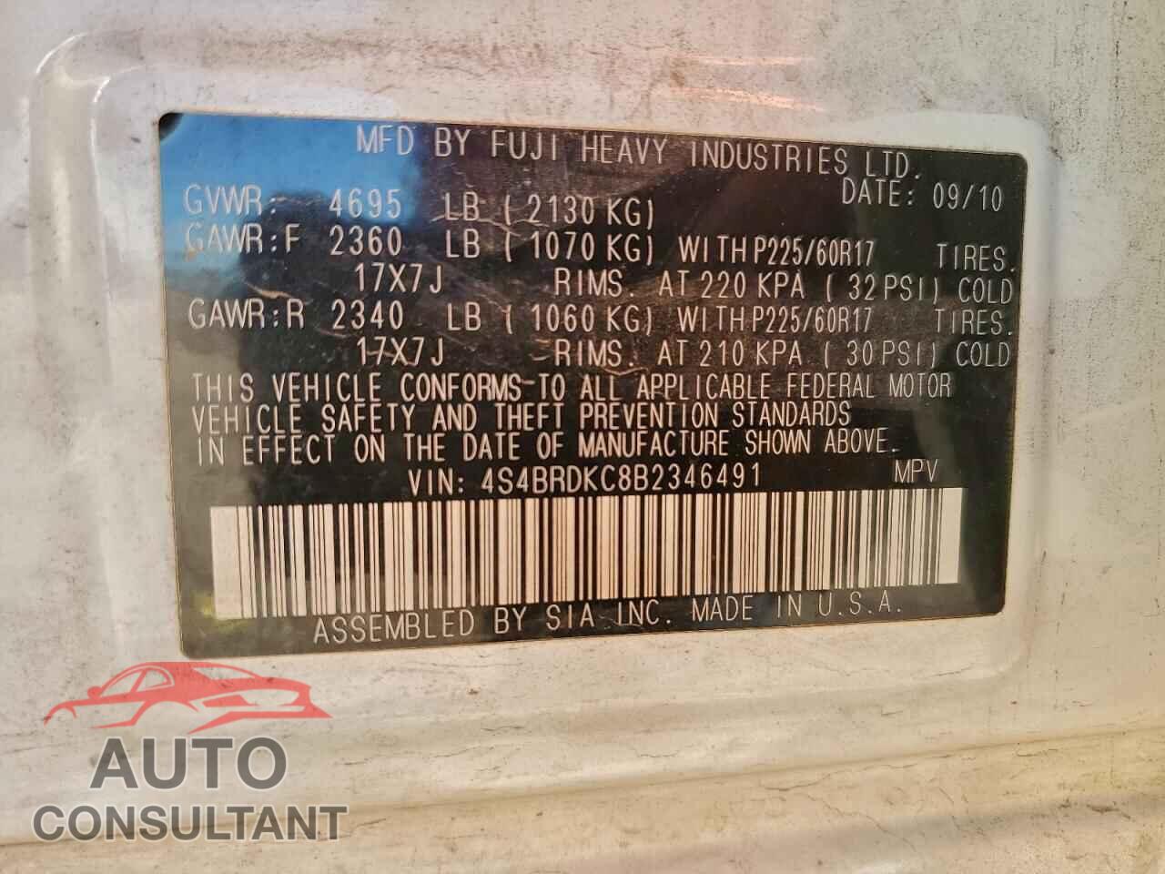 SUBARU OUTBACK 2011 - 4S4BRDKC8B2346491