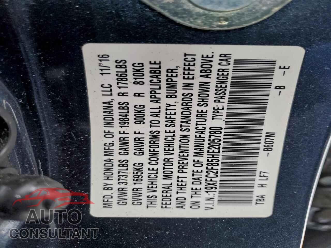 HONDA CIVIC 2017 - 19XFC2F85HE205780