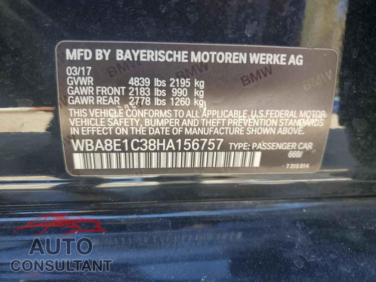BMW 3 SERIES 2017 - WBA8E1C38HA156757
