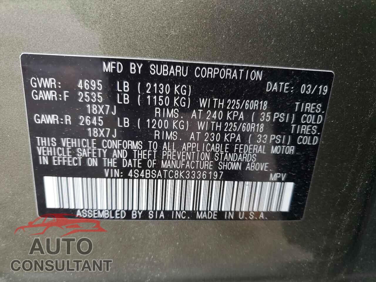 SUBARU OUTBACK 2019 - 4S4BSATC8K3336197