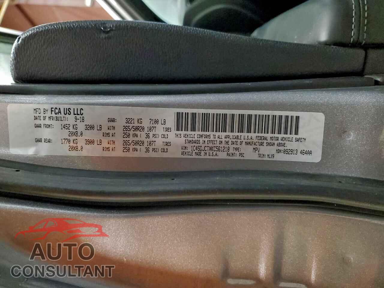 DODGE DURANGO 2019 - 1C4SDJCTXKC561218