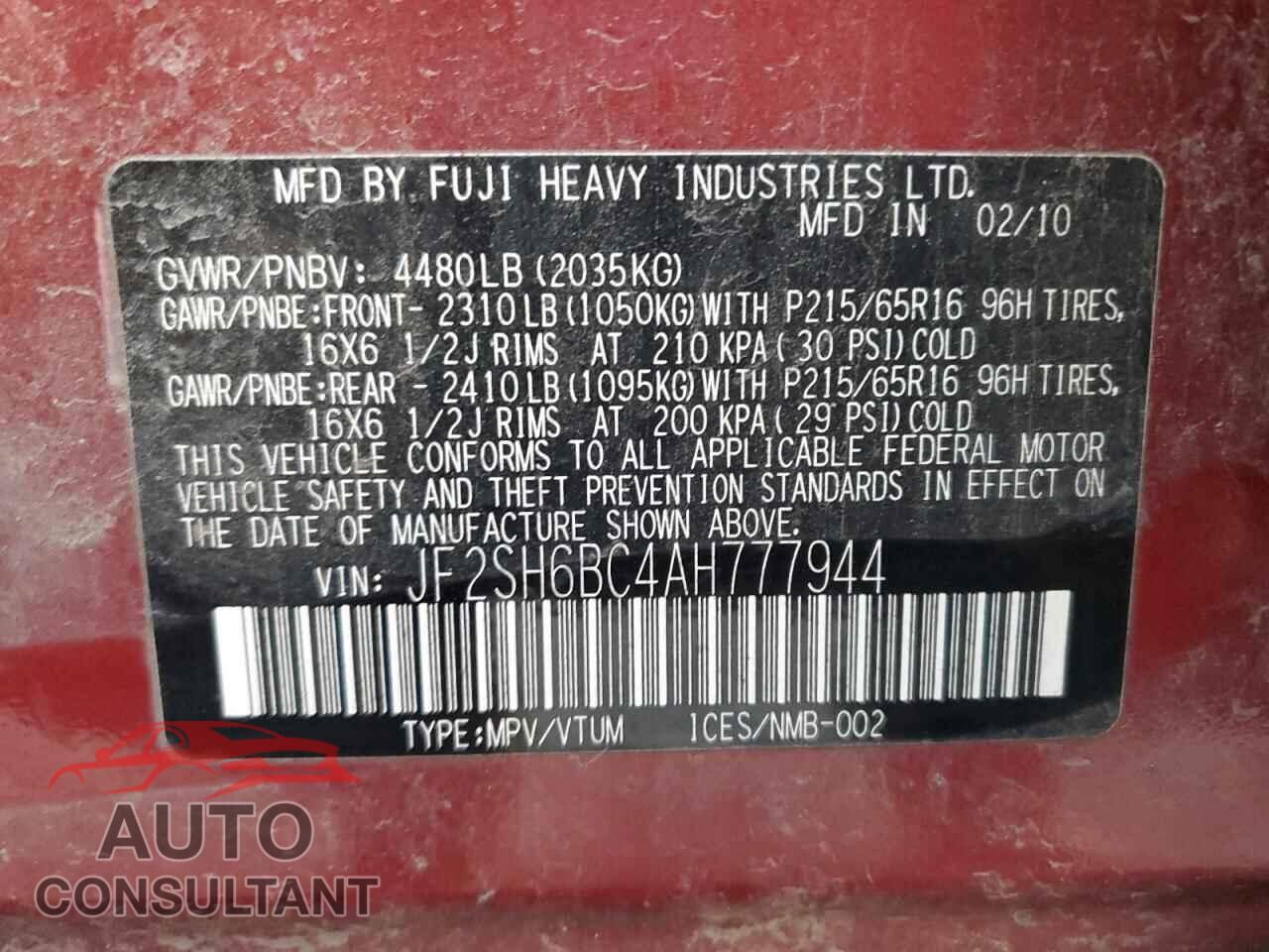 SUBARU FORESTER 2010 - JF2SH6BC4AH777944