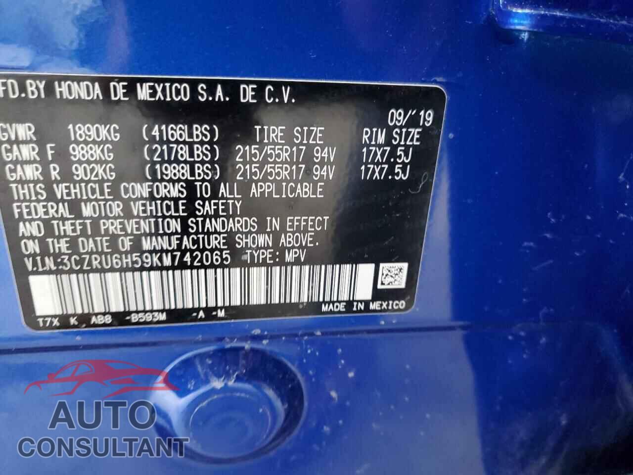 HONDA HR-V 2019 - 3CZRU6H59KM742065