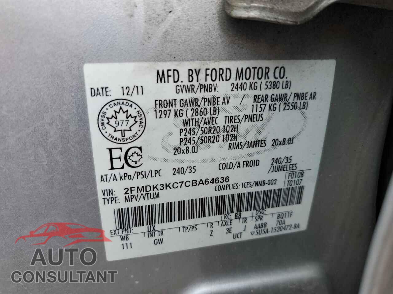 FORD EDGE 2012 - 2FMDK3KC7CBA64636