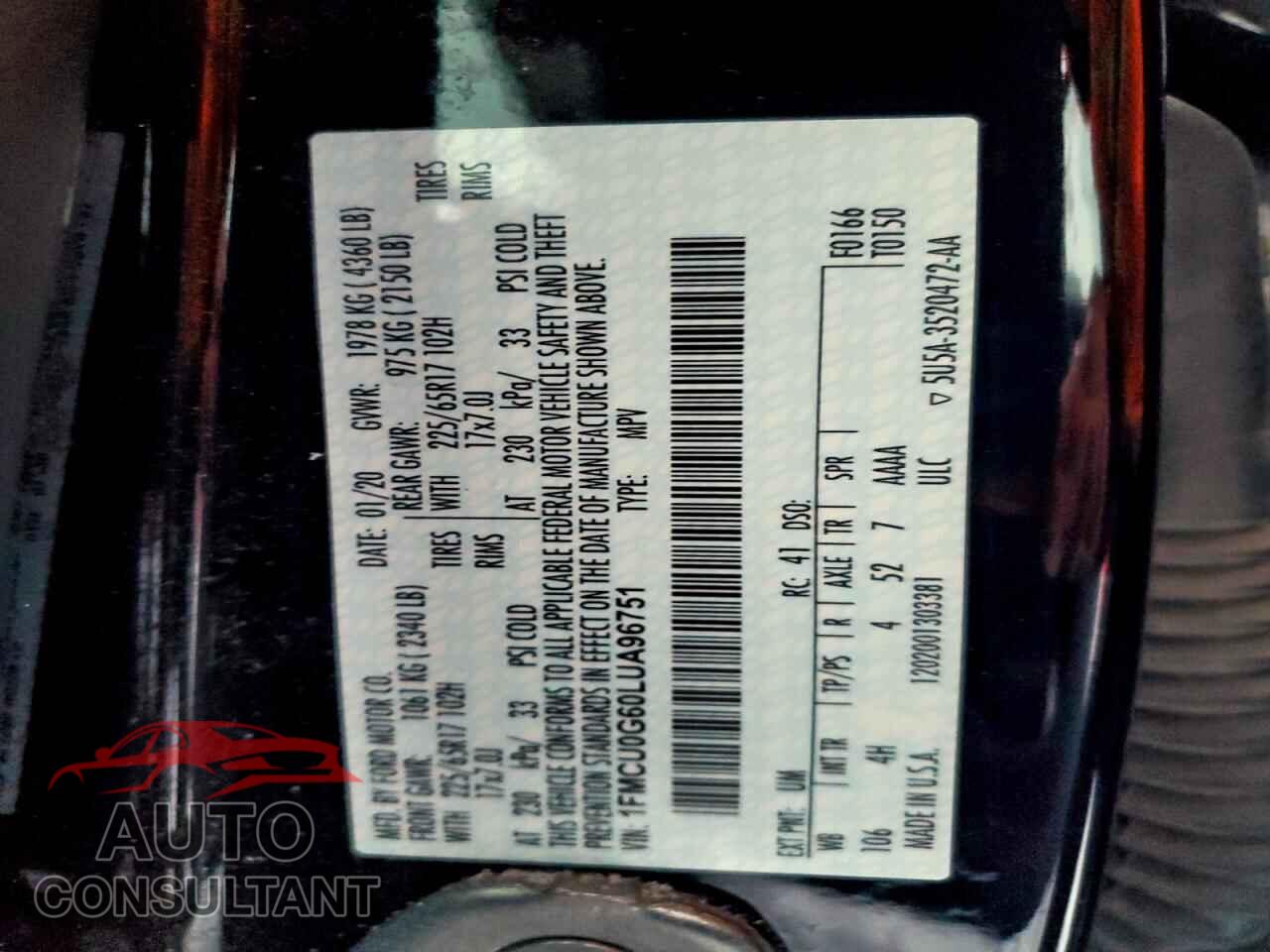 FORD ESCAPE 2020 - 1FMCU0G60LUA96751