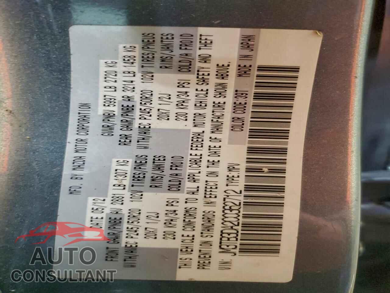 MAZDA CX-9 2012 - JM3TB3DA2C0362712