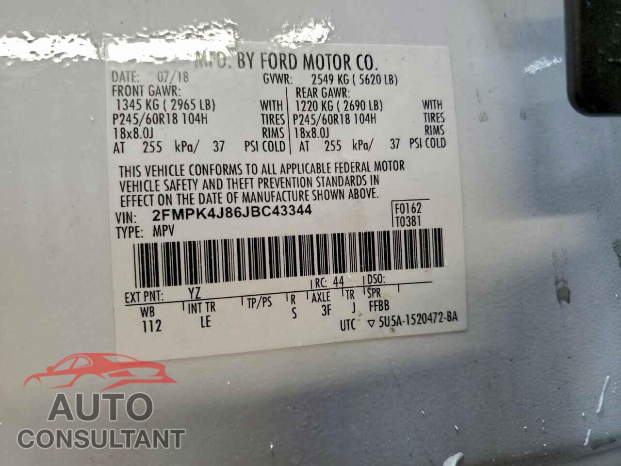 FORD EDGE 2018 - 2FMPK4J86JBC43344