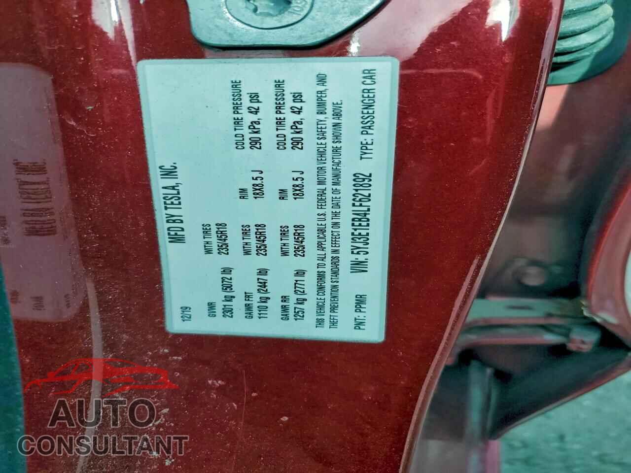 TESLA MODEL 3 2020 - 5YJ3E1EB4LF621892