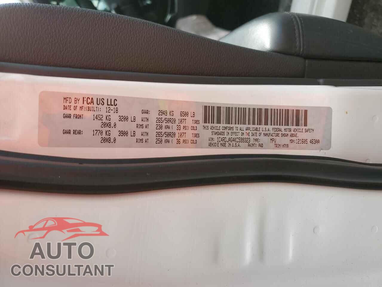DODGE DURANGO 2019 - 1C4RDJAG4KC599323