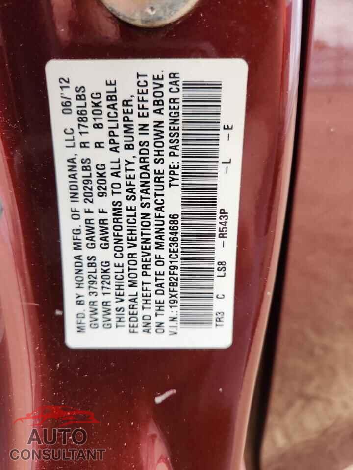HONDA CIVIC 2012 - 19XFB2F91CE364686