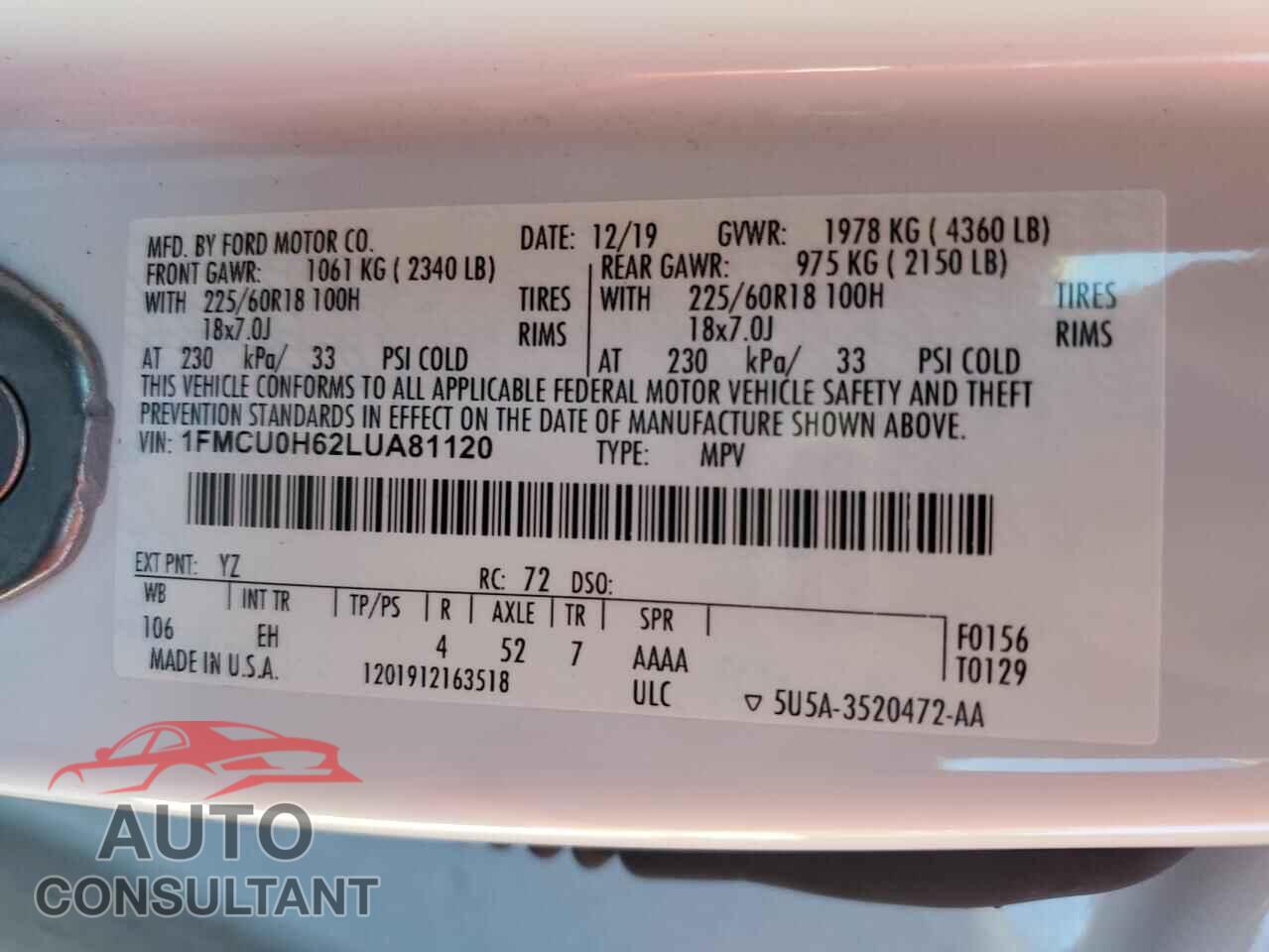 FORD ESCAPE 2020 - 1FMCU0H62LUA81120