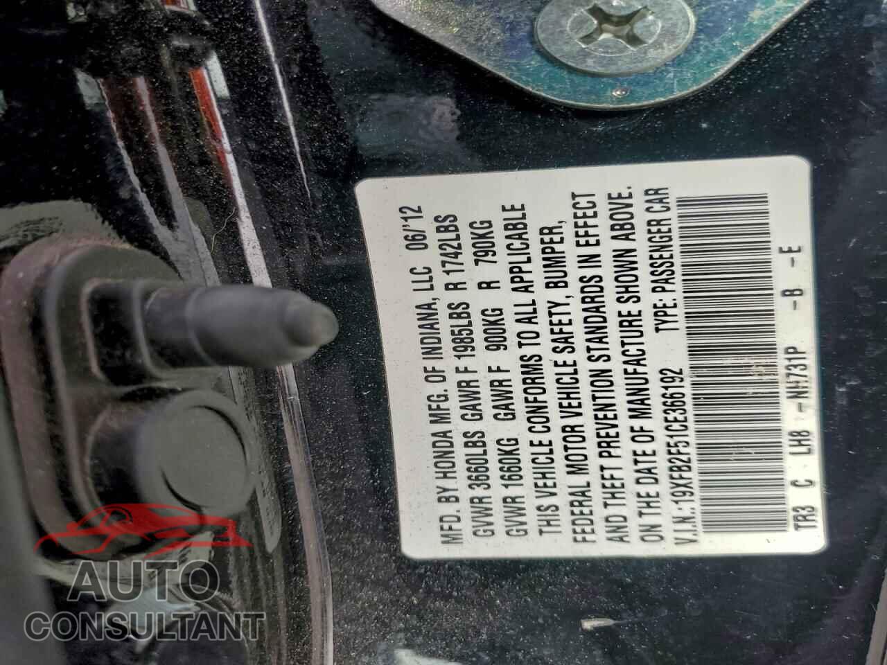HONDA CIVIC 2012 - 19XFB2F51CE366192
