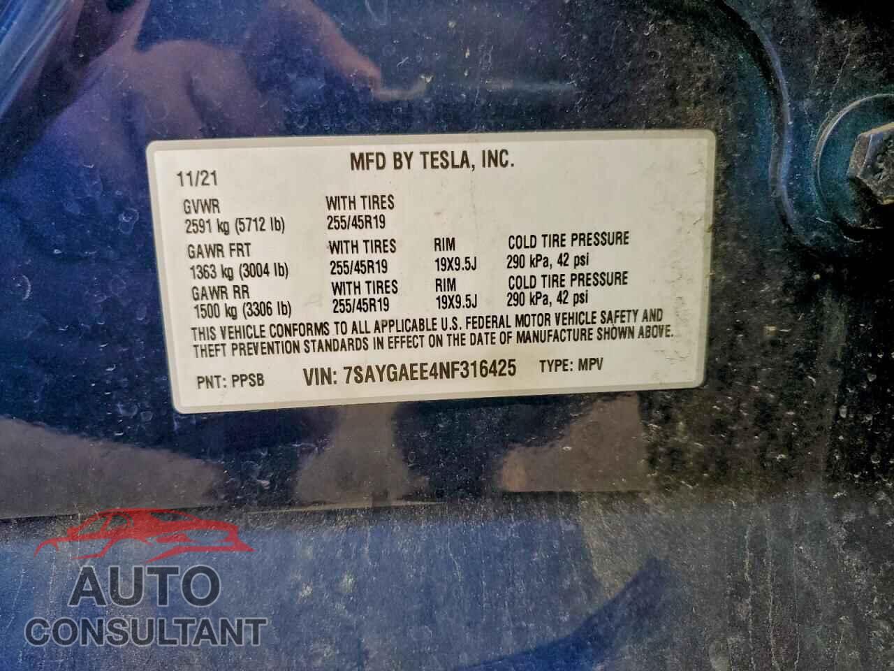 TESLA MODEL Y 2022 - 7SAYGAEE4NF316425
