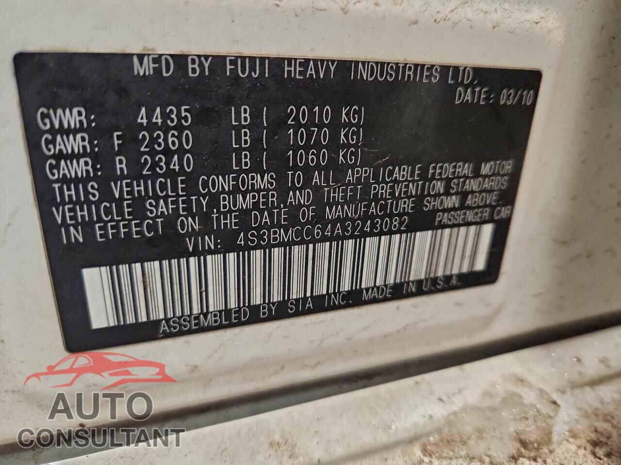 SUBARU LEGACY 2010 - 4S3BMCC64A3243082