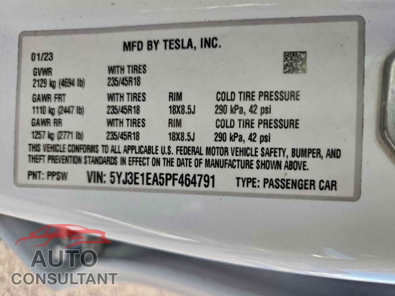 TESLA MODEL 3 2023 - 5YJ3E1EA5PF464791