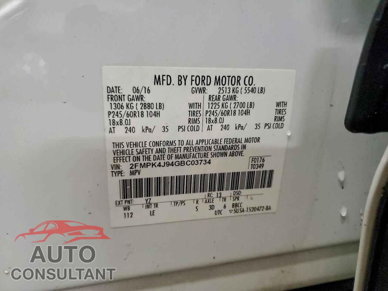 FORD EDGE 2016 - 2FMPK4J94GBC03734