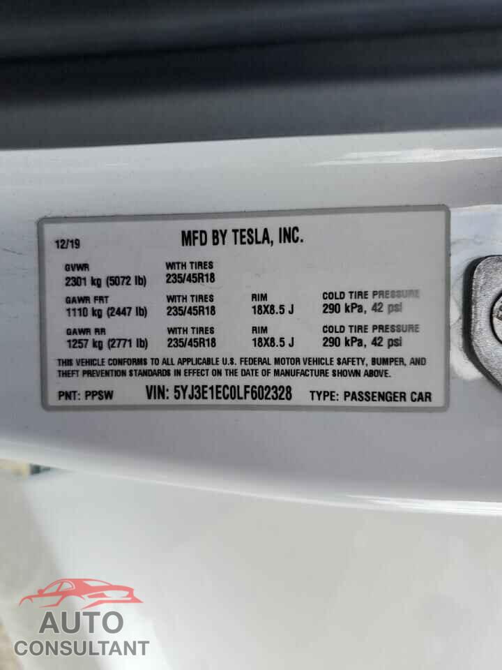 TESLA MODEL 3 2020 - 5YJ3E1EC0LF602328