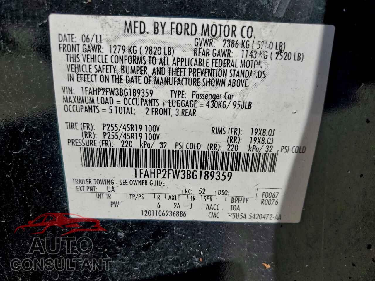 FORD TAURUS 2011 - 1FAHP2FW3BG189359