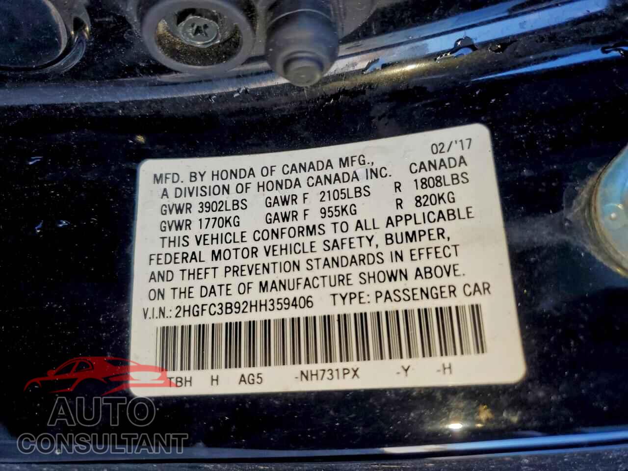HONDA CIVIC 2017 - 2HGFC3B92HH359406
