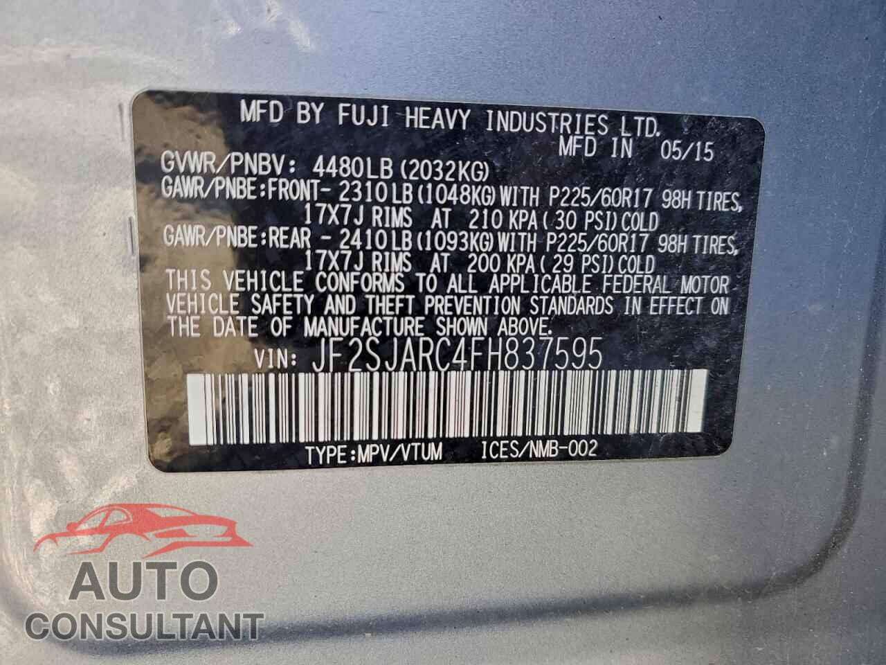 SUBARU FORESTER 2015 - JF2SJARC4FH837595