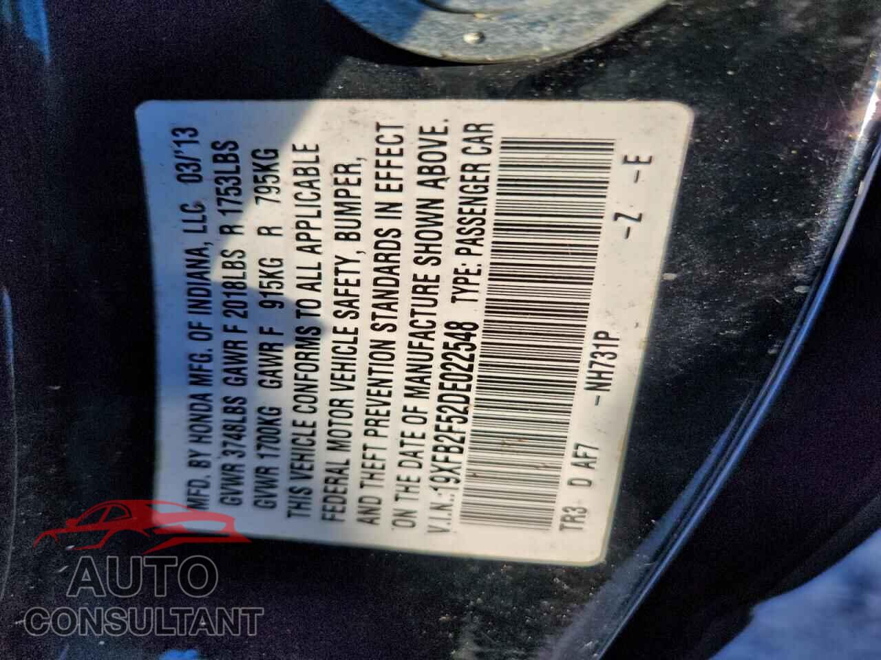 HONDA CIVIC 2013 - 19XFB2F52DE022548