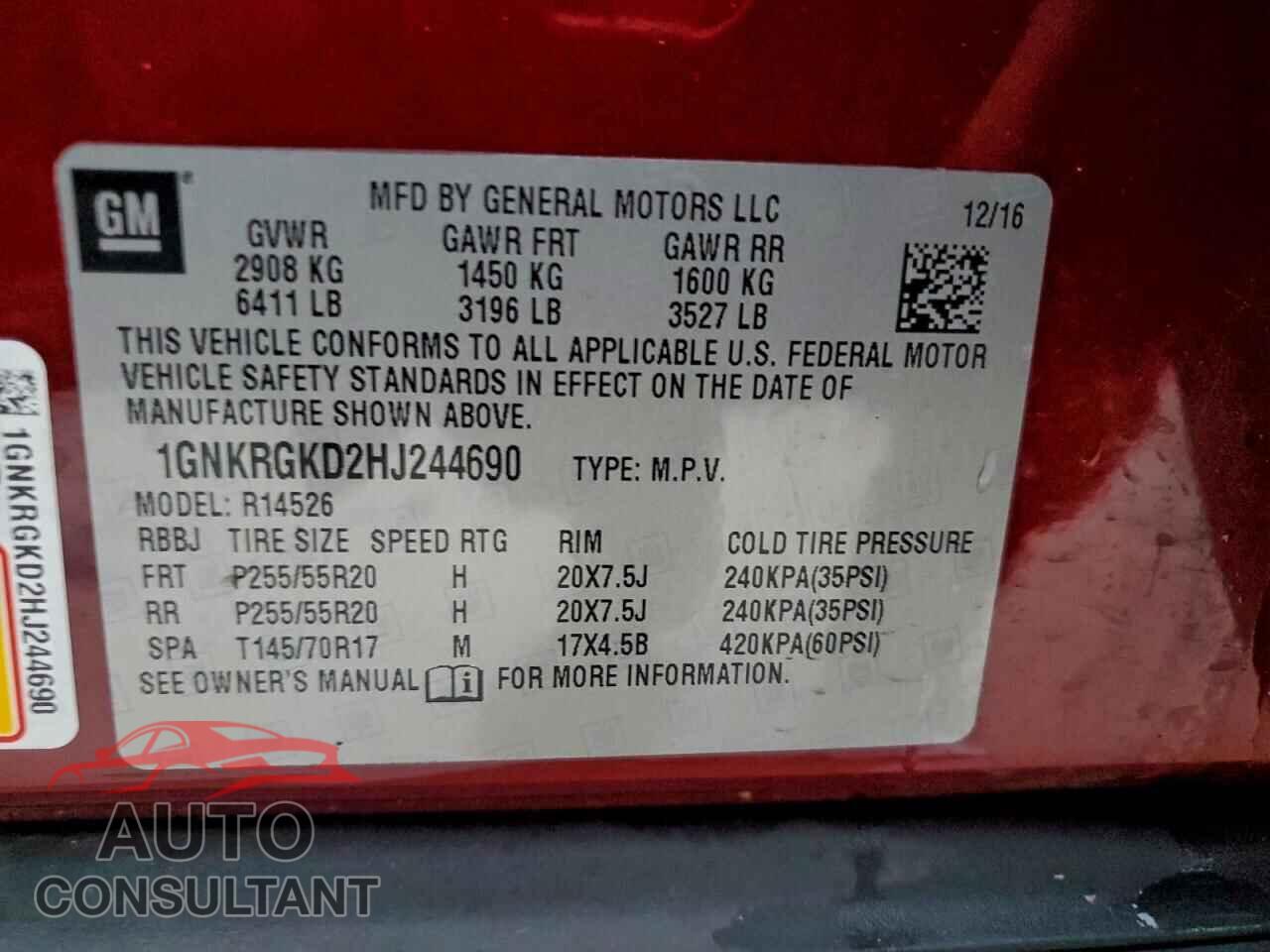 CHEVROLET TRAVERSE 2017 - 1GNKRGKD2HJ244690
