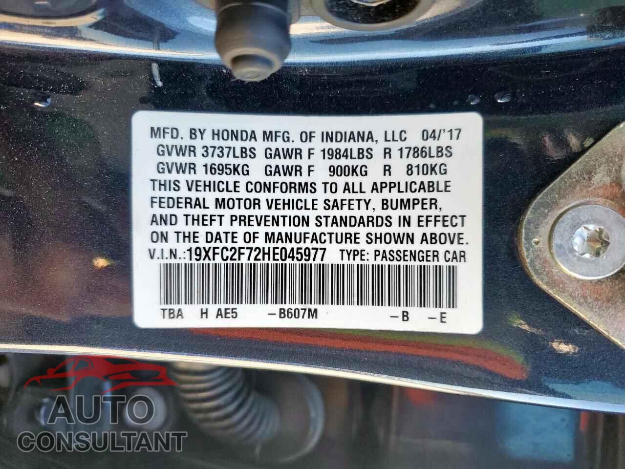 HONDA CIVIC 2017 - 19XFC2F72HE045977